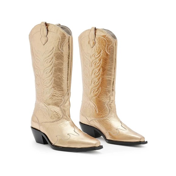 NEW All Saints Dolly 60 MM Gold Metallic Western Cowboy Boots Womens Size 8 $425